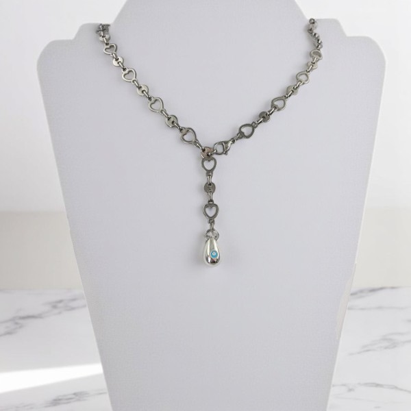 Κολιέ Ατσάλινο με Καρδιές και Μοτίφ Μάτι σταγόνα Ασημί Κολιέ Ατσάλινο με Καρδιές και Μοτίφ Μάτι σταγόνα Ασημί