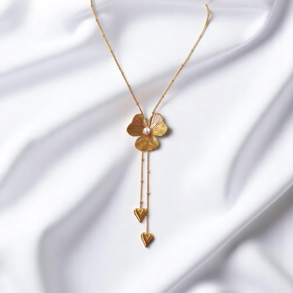 Κολιέ Ατσάλινο με Λουλούδι και Πέρλα Κολιέ Ατσάλινο με Λουλούδι και Πέρλα