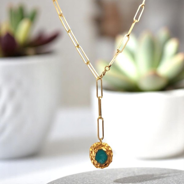 Κολιέ από Ορείχαλκο με Μεγάλους Κρίκους και Γαλάζια Πέτρα Κολιέ από Ορείχαλκο με Μεγάλους Κρίκους και Γαλάζια Πέτρα