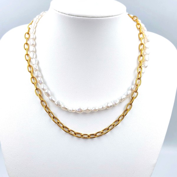 Κολιέ με Πέρλες, Αλυσίδα και Ενιαίο Κούμπωμα Κολιέ με Πέρλες, Αλυσίδα και Ενιαίο Κούμπωμα