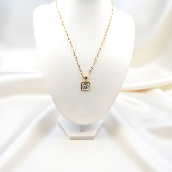 Κολιέ με Ατσάλινη Αλυσίδα και Τετράγωνο Μάτι