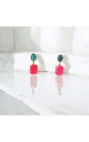 Σκουλαρίκια Ροζ Πινελιές με Πράσινη Λάμψη