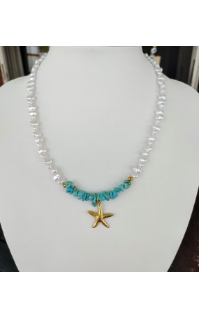 Boho Chic Κολιέ: Χρυσός Αστερίας με Ακατέργαστη Τιρκουάζ & Μαργαριτάρια