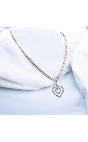 Κολιέ με Αστραφτερή Διπλή Καρδιά και συνδιασμό Αλυσίδων