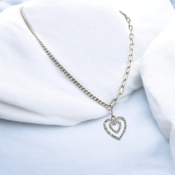 Κολιέ με Αστραφτερή Διπλή Καρδιά και συνδιασμό Αλυσίδων Κολιέ με Αστραφτερή Διπλή Καρδιά και συνδιασμό Αλυσίδων