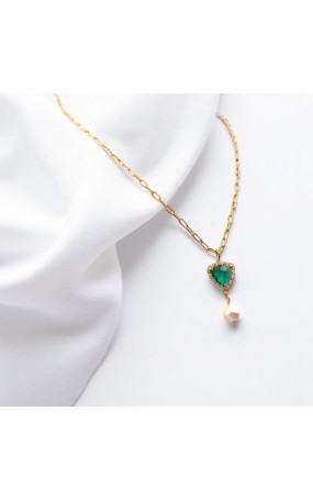 Κολιέ Ατσάλινο με Σμαραγδένια Καρδιά και Πέρλα