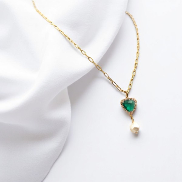 Κολιέ Ατσάλινο με Σμαραγδένια Καρδιά και Πέρλα