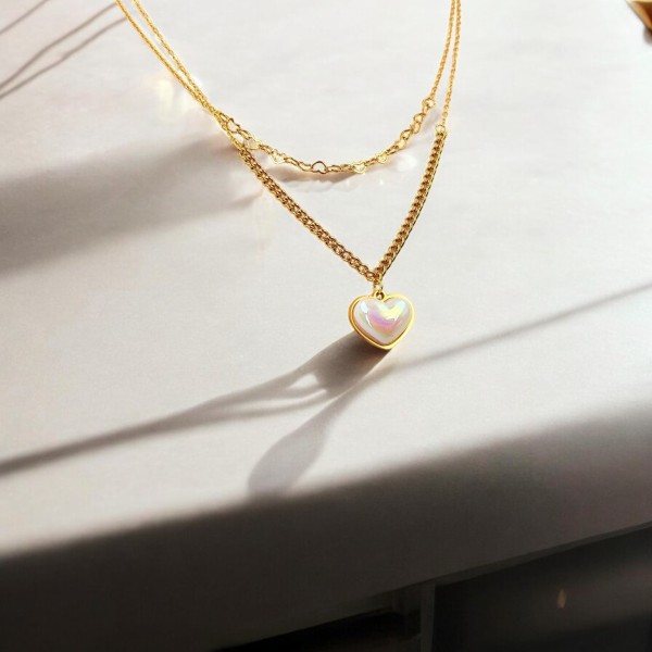 Κολιέ με Διπλή Αλυσίδα και Περλέ Καρδιά Κολιέ με Διπλή Αλυσίδα και Περλέ Καρδιά