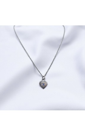 Κολιέ Ατσάλινο με Μοτίφ Καρδιά και Γαλάζιο Κρυσταλλάκι